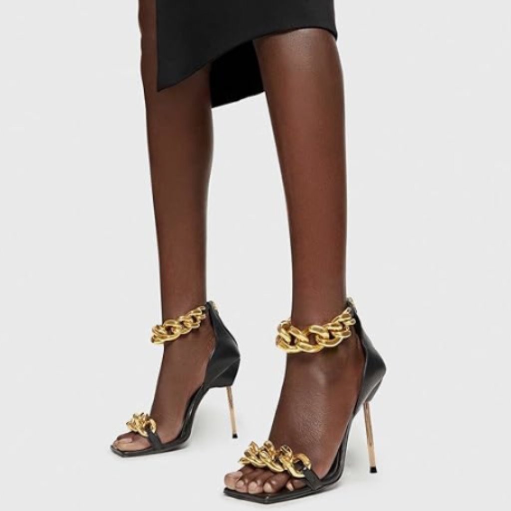 Xyd Black Open Square Toe High Heel Metal Ankle Chain Strap Sandal Back Zip Shoe